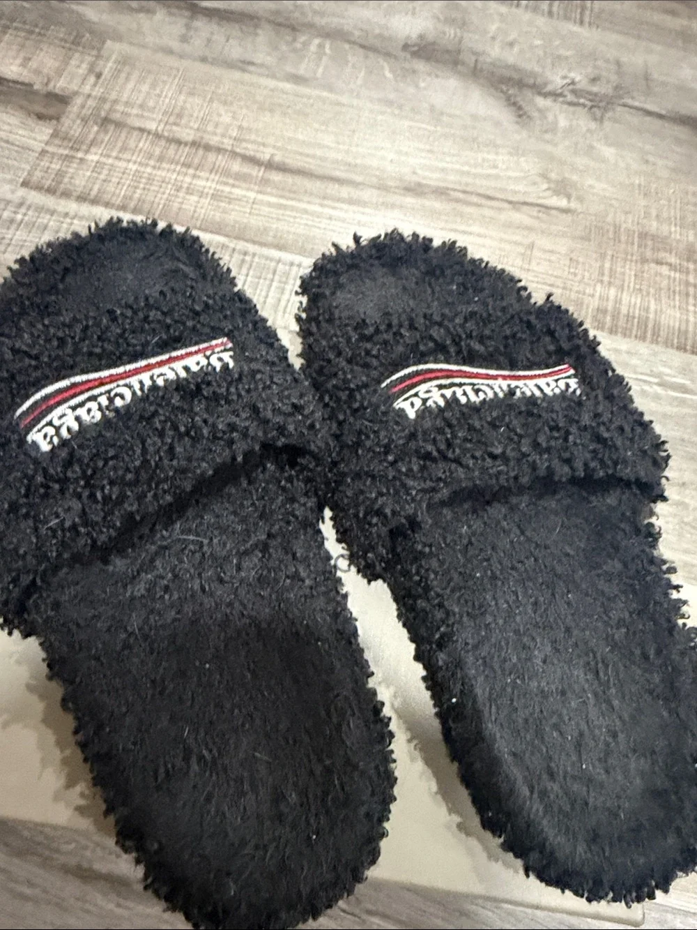 Balenciaga Black Fuzzy Logo Slide Sandals with Red & White Trim